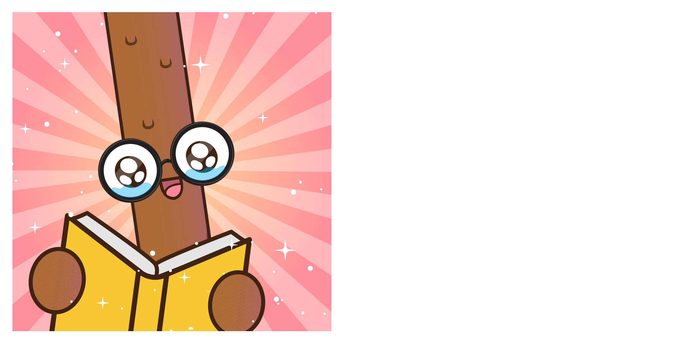 Cartoon brown stick character with big glasses and teary eyes reading a yellow book on a pink starburst background.